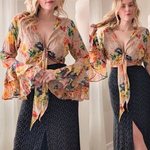 90s Floral Angel Sleeve Cotton Gauze Tie Front Crop Length 1990s Vintage Blouse